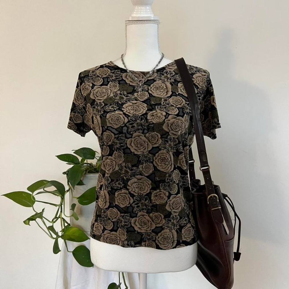 Vintage Y2K Micro-mesh Burnout Whimsygoth Black & Brown Floral Mesh Top